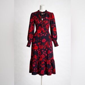 Karl Lagerfeld Paris Floral Midi Dress | Navy Fuchsia Ruffle Hem US 10